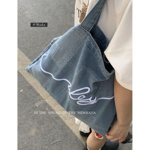 Casual Denim Canvas Tote Bag for Students New Summer 2024 Fashion Korean Letter Print Large Capacity Soft Shoulder Backpack
