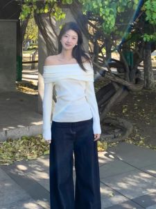 BINKAFENNY | White Shoulder Bared Knitted Sweater Womens Slim Fit Inner Wear Base Shirt Chic Top Korean Style Long Sleeve Autumn Fashion