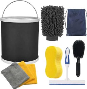 Car Wash Detailing Kit Cleaning Kits with Bag Collapsible Bucket Wash Mitt Sponge Towels Tire Brush Window Scraper