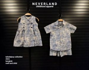 NEVERLAND ชุดเด็กผู้หญิง & ชุดเด็กผู้ชาย (ไม่รวมหมวก) พิมพ์ลาย toile de jouy สีฟ้า ผ้า Cotton 100%