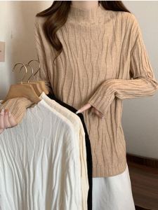 plus Size Womens Knitted Texture Base Shirt Spring Autumn Slimming Elastic Half High Collar Fashionable Inner Wear Top