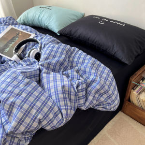 Simple Stitched Pure Cotton Bedding Set 1.5m Bed Sheet with Plaid Design Letter Embroidery Mixed Style Quilt Cover Student Three Piece Set