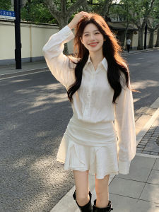 Ge·an·fei | Elegant French White Long Sleeve Waist Cinched A-line Short Dress
