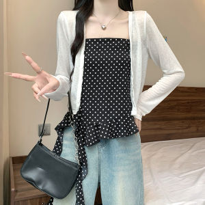 AIYITI | Plus Size Polka Dot Ruffle Sun Protection Long Sleeve Jacket and Vest Set