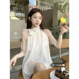 Áo Sơ Mi Nữ Mùa Hè Không Tay Họa Tiết Bướm Cổ Treo Kiểu Pháp Ngọt Ngào Thanh Lịch Áo Vest Không Tay Gợi Cảm