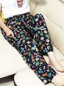 Summer Cotton Cool Pants Womens Long Printed Silk Thin Harlan Casual Loose Straight Leg High Waist Elastic Comfortable