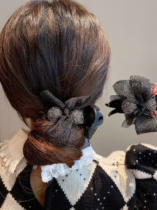 Kẹp Tóc Thắt Nút Bướm Lưới Đen Kẹp Tóc Búi Tóc Lớn Kẹp Tóc Đá Rhinestone Kẹp Tóc Trang Trí Đầu Kẹp Tóc Bằng Vải Phụ Kiện Tóc Thời Trang