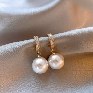 Elegant Pearl Hoops with Micro-Paved Zircon Womens Fashion Jewelry Earrings Korean Style Alloy Silver Gold Plated Hoops