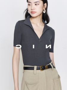 Gray Ice Silk Polo Neck Short Sleeve Knitted V-Neck Slim Fit Summer New Womens T-Shirt Comfortable Breathable Fashionable