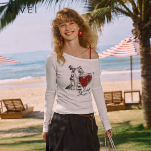 AIVEI | Retro Elegant Letter Print One-Shoulder Long Sleeve T-Shirt