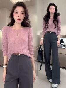 Early Autumn Fashion Casual Knitted Hollow out Top And Pants Set Womens Elegant Style Long Sleeve round Neck Suit Ensemble