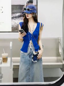 xocoboho | Slimming Elegant Lazy Style Anti-aging Blue Lace Two-piece T-shirt