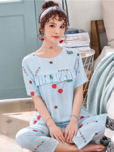 Summer Thin Viscose Staple Fiber Pajamas Womens Short Sleeve Pants Fashion Cotton Silk Breathable Sweet Home Wear Cotton Silk Two-piece Set Pack