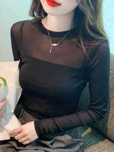 เสื้อยืดแขนยาวผู้หญิงลายลูกไม้โปร่งใส ชุดชั้นในสีดำ ชุดชั้นในฤดูร้อน แฟชั่นเกาหลี ผ้าไนลอน ระบายอากาศได้ดี ปกโปโล คอกลม