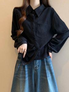 เสื้อเชิ้ตแขนยาวทรงหลวมเอวสูงผ้าโพลีเอสเตอร์สไตล์เกาหลีสำหรับผู้หญิงไซส์ใหญ่ เสื้อเชิ้ตทรงปกติ