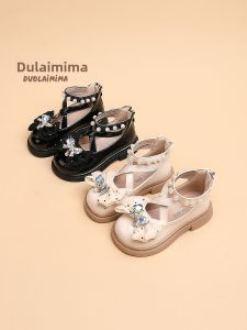 Princess Style Embellished Butterfly Knot Hollow out Girls Shoes Spring Autumn Season Synthetic Leather round Toe Rubber Sole