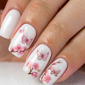 Medium Fake Nails for Women Girls Pink Flowers Butterfly Design for Spring Summer Season Square Nail Tips Press On False Nails