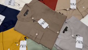 Kemeja ZARA Pria Lengan Panjang Kerah Shanghai Formal Kemeja Sage