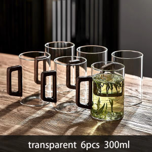 6pcs Glass Cups With Walnut Handle 300ml Coffee Mug Heat-resistant Tea Making Cup Household Office Drinking Glasse Set