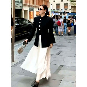 Casual Black French Style plus Size Womens Suit Jacket Slimming Waist Design Long Sleeve Mid-Length Pure Color Fashion