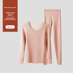 CarbinKoneer | Thickened Fleece Warm Underwear Set Womens Long Sleeve Long Pants Thermal Clothing Silk Mulberry Fiber Moisture Wicking Heat Generating
