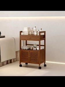 360°Rotating Wooden Trolley 50/70cm Movable Bamboo Shelf Rack Organizer Storage Cabinet With Wheels