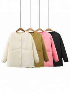 Áo Khoác Cotton Dáng Rộng Cổ Tròn Màu Trơn Cỡ Lớn Thời Trang Cho Nữ Áo Khoác Cotton Dài Tay Mùa Đông Thường Ngày Không Có Thương Hiệu