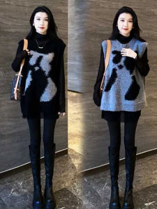เสื้อกั๊กถักสีดำ แขนกุด พิมพ์ลาย แฟชั่นฤดูใบไม้ร่วง 2025 เสื้อผ้าผู้หญิงไซส์ใหญ่ เสื้อผ้าผู้หญิงสไตล์ยุโรป เสื้อผ้าผู้หญิง