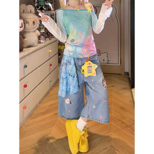 QIANCHANGNAAI | American Vintage Cat Stars Capri Denim Pants