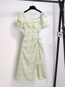 Summer New Green Chiffon Floral Print Square Collar Dress Womens One Shoulder Bubble Sleeve Long Split A-Line Midi Dress