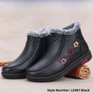 SHIPAILUO | Thickened Fleece Winter Cotton Shoes For Elderly Women Waterproof Anti-slip Warm Mom Casual Style Round Toe Flat Heel Floral Pattern