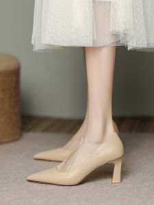Nude Color Soft Leather Sheepskin High Heels Womens Chunky Heel Pointed Toe Slip-On Fashion Single Shoes Spring Autumn