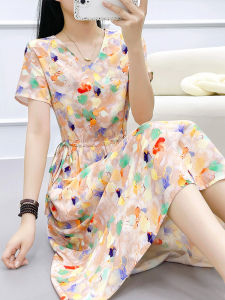 ชุดเดรสผ้าไหมคอตตอนระดับไฮเอนด์สำหรับผู้หญิง ฤดูร้อน 2025 ชุดเดรสกระโปรงทรงเอเอวสูง กระโปรงยาวคลุมเข่า ลายดอกไม้