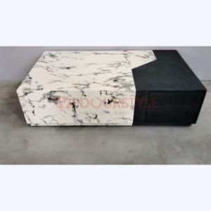 Vedourstyle Light Luxury Wooden Coffee Table with drawer/Rectangle Tea Table Marble Pattern / Meja Kopi Kayu dan Laci