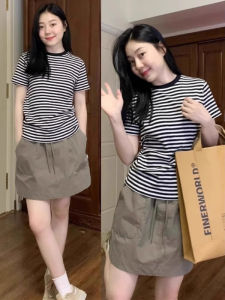 SHUQINGLAI | Retro Stripe Color Block Short Sleeve T-shirt for Women