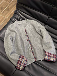 Loose Knitted Plaid Sweater Womens round Neck Splicing Cardigan Coat Spring Autumn Winter New Style Korean Style Fake Two-Piece