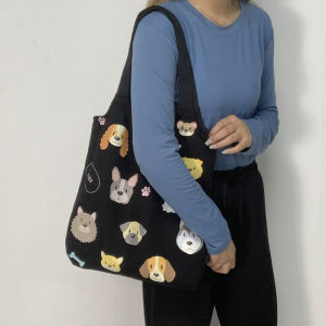 New Cartoon Pattern Female One Shoulder Retro Korean Original Dog Illustration Canvas Bag Cute Wild Preppy Style Female