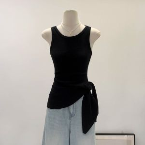 French Elegant Asymmetrical Waist Belted Sleeveless Strap Vest Women Summer 2025 Outerwear Design Sense Tie Top
