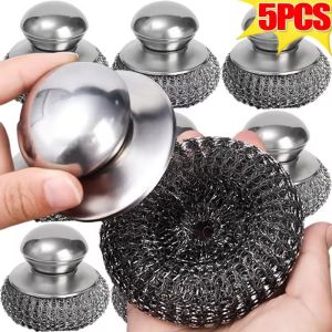 5 cái có thể tháo rời thép len bàn chải nồi với tay cầm tròn Miếng Rửa Chén hộ gia đình loại bỏ rỉ sét dụng cụ vệ sinh dụng cụ nhà bếp Scrubber