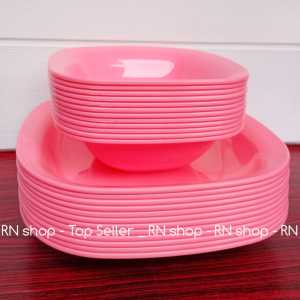 PROMO ISI 12 PCS PAKET PIRING CAMPUR MANGKUK HARMONIS TEBAL PINK TERLARIS