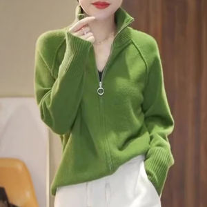 Green Knitted Sweater Coat Half High Collar Womens Fashion Autumn Winter New Style European Goods Carved Knitwear Top