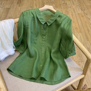 DSF Studio lapel cotton and linen short-sleeved shirt womens 2025 summer thin loose solid color temperament retro casual large size top