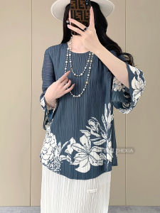 Elegant Pleated Womens T-shirt Spring Fashion New Print High-End Slimming Small-Batch Design Commute Style Floral Pattern