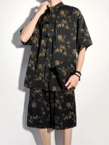Ice Silk Bamboo Print Short Sleeve Mens Shirt Vintage Tang Costume Hanfu Two-Piece Set New Chinese Style Summer Casual Wear