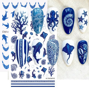 2pcs Blue Ocean Nail Art Stickers Decals Whale Octopus Coral Starfish Seashell Bubble Summer Nail Sliders Manicure Decorations