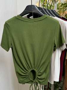 Hollow out Tied Creative Fashionable round Neck T-shirt Summer Niche Temperament Silm Slim Looking Short Elastic Tops Plus Size