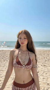 Bikini Tam Giác 2 Lớp Kèm Quần Đùi Caro Chấm Bi Đủ Màu Đồ Bơi Nữ 2 Mảnh Cột Dây Phối Khoen - OS103
