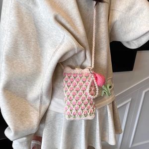 2025 Spring Handmade Knitted Crossbody Bag Womens Unique Design Mobile Phone Bag with Pearl And Wool Fabric Small Size