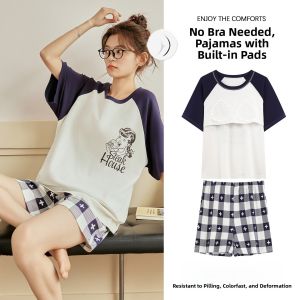 miiow | Pure Cotton Summer Short Sleeve Womens Sleepwear Set With Chest Pad Cartoon Cute Style Home Clothes Outdoor Wearable Thin