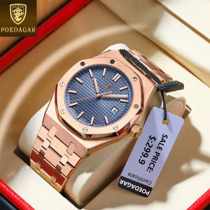 Swiss certification POEDAGAR rosegold watch for men waterproof original luxury stainless steel octagonal design calendar dial wristwatch